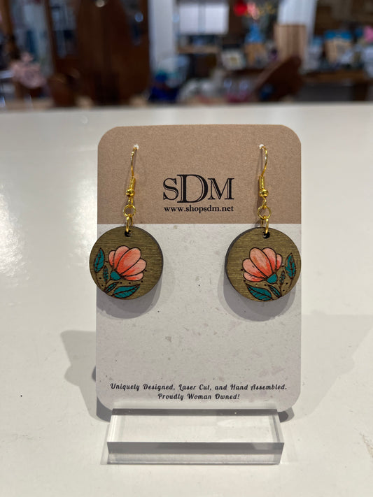 HAND PAINTED PEACH FLOWER CIRCLE DANGLE EARRINGS