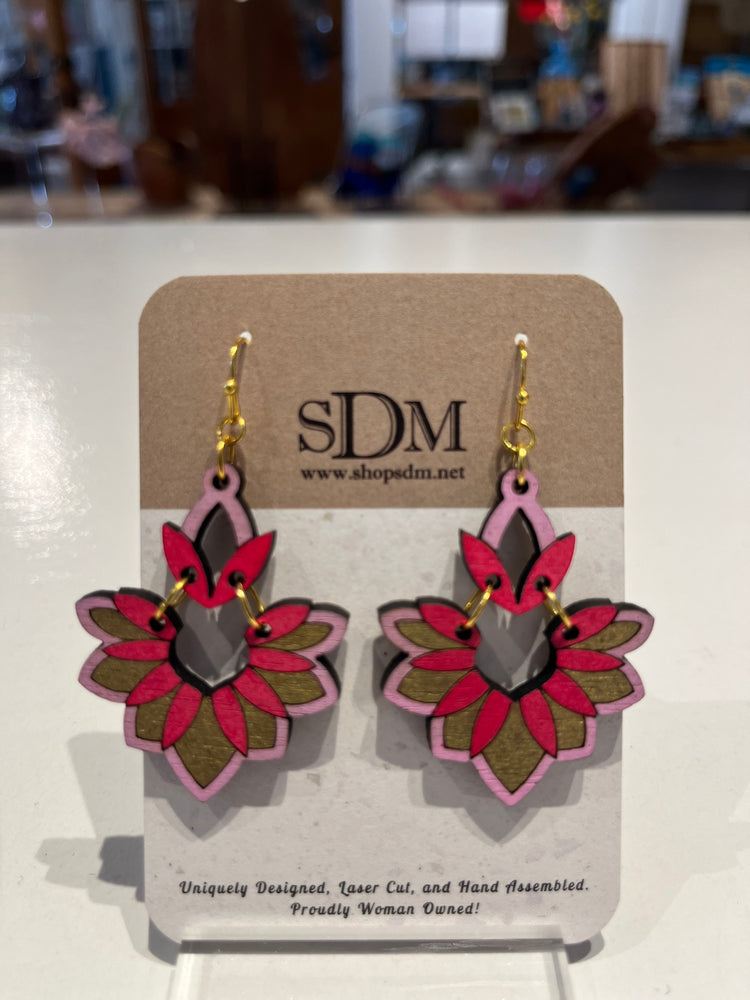 HAND PAINTED PINK GEOMETRIC FLOWER DANGLE EARRINGS