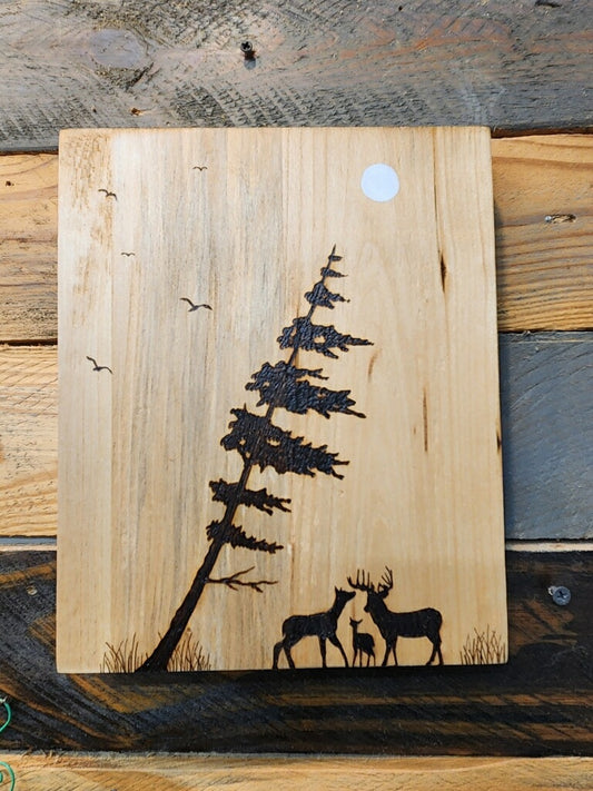 Woodburned deer family