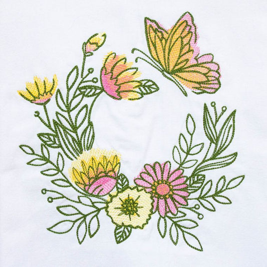 Towel - Embroidered Butterfly Wreath Watercolor Spring