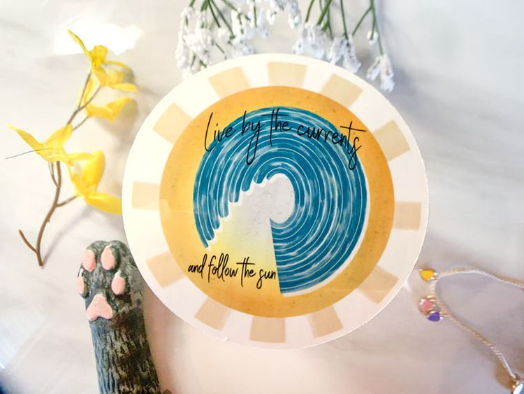Live Life by the Currents - Follow the Sun - Sun & Waves - 3.2x3.2 in - Vinyl Sticker or Magnet